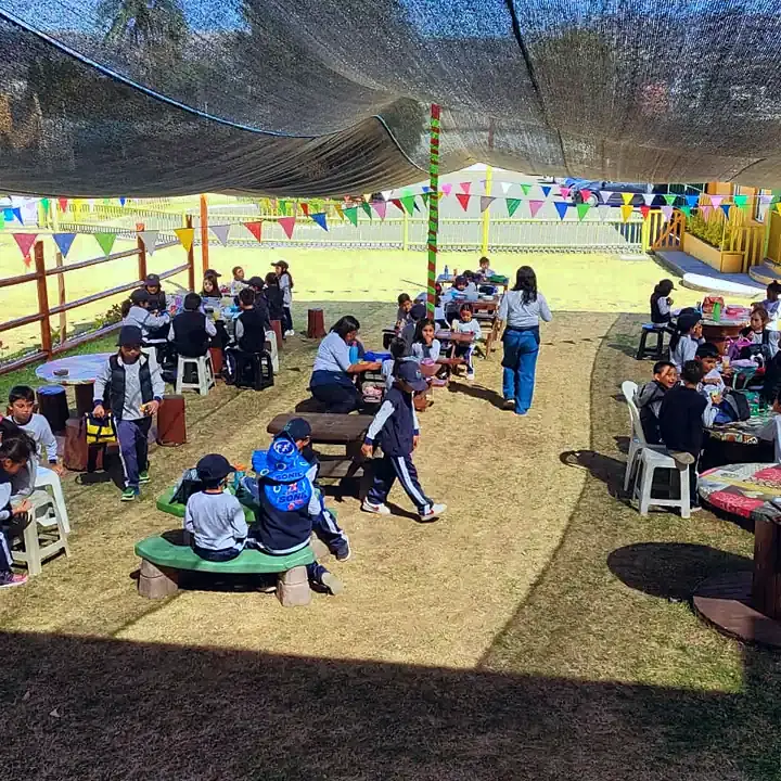Niños de distintas edades toman su colación en mesas bajo la malla de sombra de la zona de lunch.